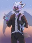  anthro backpack beverage chiropteran clothed clothing etsu_cuprumfox eyewear fur glasses hair hi_res jewelry male mammal necklace outside smile solo standing 