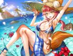  1girl absurdres animal_ear_fluff animal_ears artist_request bikini bikini_under_clothes blue_bikini breasts cleavage ears_through_headwear eyebrows_visible_through_hair fate/grand_order fate_(series) flower fox_ears fox_girl fox_shadow_puppet fox_tail hat highres innertube large_breasts looking_at_viewer ocean open_mouth pink_hair see-through shirt side-tie_bikini solo straw_hat swimsuit tail tamamo_(fate)_(all) tamamo_no_mae_(swimsuit_lancer)_(fate) wet wet_clothes wet_shirt wet_t-shirt yellow_eyes 