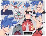  baggy_pants blue_eyes blue_hair chest chibi closed_eyes copyright_name crossed_arms galo_thymos gloves koeri male_focus matoi mecha open_mouth pants promare shirtless smile spiked_hair teeth 