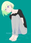  1boy bangs barefoot blush bob_cut earrings green_hair hands_on_own_knees hat0g0han highres jewelry legs_together lio_fotia male_focus pants promare purple_eyes shirt short_hair signature simple_background sitting solo 