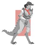  1:1 2019 4_breasts absurd_res alpha_channel anthro bethesda_softworks black_hair breasts claws deathclaw digitigrade ellie_perkins fallout female hair hi_res horn multi_breast nipples open_mouth scarf simple_background solo standing surprise transformation unidentified-tf video_games 