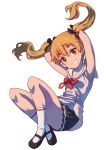  1girl absurdres armpits arms_behind_head arms_up bangs bare_arms bare_shoulders black_bow black_footwear black_ribbon black_skirt blonde_hair blush bow brown_eyes eyebrows_visible_through_hair grin hair_between_eyes hair_bow hair_ribbon highres hikaru_(houkago_no_pleiades) houkago_no_pleiades mary_janes nyama orange_eyes orange_hair pentagram pink_shirt pleated_skirt red_bow red_ribbon ribbon school_uniform serafuku shirt shoes simple_background single_stripe skirt sleeveless sleeveless_shirt smile socks thick_eyebrows twintails white_background white_legwear 