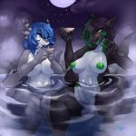  1:1 2017 anthro azuriae balls big_balls big_breasts big_penis black_hair blue_eyes blue_hair blush breasts digital_media_(artwork) duo eye_contact female fish green_eyes gynomorph hair hi_res holding_cup holding_object hot_spring humanoid_penis intersex looking_at_another marine moon nemi nude outside penis shark sitting sky star starry_sky steam water zerolativity 