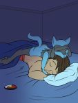  3:4 bed clothed clothing duo fuze hi_res human lying male mammal nintendo on_bed on_front pok&eacute;mon pok&eacute;mon_(species) riolu sleeping topless video_games 