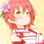  1girl bare_shoulders blush breasts cleavage cleavage_cutout flower green_eyes hair_ornament hairclip hololive nontraditional_miko pink_hair sakura_miko side_ponytail solo tagme ukiyo_giaru virtual_youtuber 