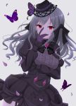  breasts bug butterfly buttons chain dark_persona diamond_(gemstone) eyebrows_visible_through_hair frozenpile gloves hair_ribbon half_updo hand_on_own_face hat highres idolmaster idolmaster_cinderella_girls insect kanzaki_ranko lolita_fashion long_hair looking_at_viewer medium_breasts mini_hat petals red_eyes ribbon ribbon-trimmed_clothes ribbon_trim silver_hair simple_background 