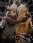  2019 2girls animal_ear_fluff animal_ears bangs black_gloves black_hair black_legwear black_neckwear blonde_hair blurry blurry_background bow bowtie breath brown_legwear brown_skirt closed_mouth commentary depth_of_field eyebrows_visible_through_hair ezo_red_fox_(kemono_friends) fox_ears fox_girl fox_tail fur-trimmed_sleeves fur_trim gloves gradient_hair grey_hair grey_jacket hair_between_eyes highres jacket kemono_friends kosumi long_hair long_sleeves multicolored_hair multiple_girls one_eye_closed orange_jacket pantyhose pleated_skirt revision signature silver_fox_(kemono_friends) skirt smile snow snow_on_head tail very_long_hair white_neckwear white_skirt 