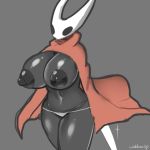  1:1 arthropod big_breasts breasts cloak clothed clothing featureless female grey_background hi_res hollow_knight horn hornet_(hollow_knight) huge_breasts insect nipples nishikunsp non-mammal_breasts panties signature simple_background solo underwear 