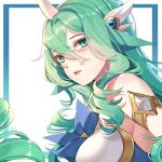  1girl alternate_costume aqua_eyes armlet green_hair hair_ornament horn kan_(rainconan) league_of_legends long_hair looking_at_viewer magical_girl solo soraka star_guardian_(league_of_legends) star_guardian_soraka upper_body very_long_hair white_background 