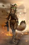  2019 5_fingers aimi anthro brown_hair canid canine clothed clothing female fingers green_eyes grey_fox gun hair hi_res holding_object holding_weapon mammal ranged_weapon smile solo standing urocyon weapon 
