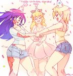  2019 3girls :d ^_^ bare_shoulders birthday black_ribbon blonde_hair blush burn_scar camisole closed_eyes commentary confetti cutoffs dancing dress english_commentary hair_ribbon happy_birthday hat holding_hands katawa_shoujo long_hair multiple_girls navel open_mouth outstretched_arms party_hat pom_pom_(clothes) purple_eyes purple_hair ribbon rtil satou_akira satou_lilly scar shirt short_hair short_shorts short_sleeves shorts signature simple_background sleeveless sleeveless_dress smile spaghetti_strap wavy_mouth white_background white_dress white_shirt yellow_camisole 