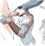  anthro balls bodily_fluids bunnymund colored_sketch duo erection faceless_male fellatio hi_res human human_on_anthro humanoid_penis interspecies lagomorph leporid male male/male mammal open_mouth oral penile penis rabbit saliva sex tongue tongue_out tzarvolver 