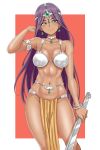  1girl armlet blush bracelet breasts brown_eyes circlet dancer&#039;s_costume_(dq) dark_skin dragon_quest dragon_quest_iv earrings facing_viewer hand_in_hair hiroyama_(hpzg5374) holding jewelry large_breasts long_hair looking_at_viewer manya midriff navel pelvic_curtain purple_hair red_background simple_background smile solo 
