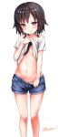  1girl :o bangs bare_shoulders blue_shorts blush bow bow_panties brown_eyes brown_hair collarbone commentary_request eyebrows_visible_through_hair groin highres itakurakou1993 lifted_by_self looking_at_viewer navel off-shoulder_shirt off_shoulder original panties parted_lips shirt short_shorts short_sleeves shorts simple_background solo underwear white_background white_panties white_shirt 