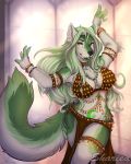  2019 5_fingers anthro armband bangle belly_dancer bra bracelet breasts canid canine canis chest_tuft claws cleavage clothed clothing collar crescent_moon dancing detailed_background digital_media_(artwork) facial_piercing female fingers footprint fur green_fur green_hair hair hi_res jewelry lip_piercing loincloth looking_at_viewer mammal moon multicolored_hair necklace pawprint piercing shariea smile solo standing tattoo tuft two_tone_hair underwear white_fur white_hair wide_hips wolf yellow_eyes 