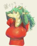 anthro breasts clothed clothing dragon female green_hair green_scales hair hands_behind_head hi_res japanese_text looking_up multicolored_scales red_clothing red_shirt red_topwear scales scalie shirt simple_background solo sususuigi text topwear two_tone_scales 