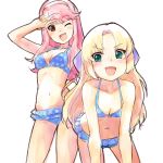  2girls ;d arm_up bangs bare_arms bare_shoulders bikini blonde_hair blue_bikini blush breasts brown_eyes cleavage collarbone copyright_request forehead frilled_bikini frills green_eyes hairband highres leaning_forward long_hair medium_breasts multiple_girls navel nyama one_eye_closed open_mouth parted_bangs pink_hair polka_dot polka_dot_bikini simple_background sketch small_breasts smile swimsuit v v-shaped_eyebrows very_long_hair white_background white_hairband 