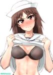  1girl abs bangs black_bra black_eyes black_hair blouse blush bra breasts closed_mouth commentary dixie_cup_hat eyebrows_visible_through_hair frown girls_und_panzer hat head_tilt highres kibimoka lace lace-trimmed_bra lifted_by_self long_hair long_sleeves looking_at_viewer medium_breasts military_hat murakami_(girls_und_panzer) navel ooarai_naval_school_uniform sailor sailor_collar school_uniform shirt_lift simple_background sleeves_rolled_up solo standing sweatdrop twitter_username underwear upper_body v-shaped_eyebrows white_background white_blouse white_headwear 
