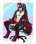  4_toes 5_fingers abs anthro balls canid canine canis digitigrade fingers hi_res male mammal pale_eyes penis pink_nose red_penis sheldondober sitting smile solo toes wolf 