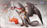  5_fingers abs anthro avian beak fingers fur grey_fur gryphon holding_object holding_weapon male midriff navel solo standing sunnyowi weapon 