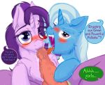  2019 blush dialogue duo_focus english_text equid faceless_male feral friendship_is_magic frist44 group hi_res horn looking_at_viewer male mammal my_little_pony open_mouth oral penis purple_eyes sex simple_background spike_(mlp) starlight_glimmer_(mlp) text tongue tongue_out trixie_(mlp) unicorn white_background 