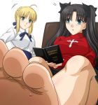  artoria_pendragon_(all) barefoot black_hair black_skirt blonde_hair blouse blue_eyes book breasts camerarius eyebrows_visible_through_hair fate/stay_night fate_(series) feet giantess green_eyes hair_ribbon holding holding_book large_breasts long_hair miniboy no_shoes open_mouth pov_feet ribbon saber skirt soles sweater toes toosaka_rin unaware 