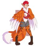  1:1 2019 absurd_res alpha_channel avian big_breasts blush bottomwear breasts canid canine clothing feathers felid female fox green_eyes hair harpy hi_res hybrid kyla_thompson mammal navel nipples pantherine pigeon_toed red_hair shirt shorts solo standing tiger topwear torn_clothing transformation unidentified-tf wings 