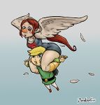  absurd_res animal_humanoid avian avian_humanoid beak bendacriss blonde_hair blush bottomwear breasts brown_hair clothing duo female flying hair head_in_crotch hi_res humanoid hylian male male/female medli nintendo nose_beak pants red_eyes rito robe the_legend_of_zelda thick_thighs tight_clothing toon_link tunic video_games wide_hips wind_waker wings 