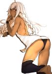  1girl ass back backless_outfit bangs barefoot black_panties blush braid dark_skin eyebrows_visible_through_hair fate/grand_order fate_(series) highres i-pan lakshmibai_(fate/grand_order) long_hair open_mouth panties red_eyes simple_background solo underwear very_long_hair white_background white_hair 
