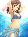  1girl :d absurdres armpits arms_behind_head arms_up bangs bare_arms bare_shoulders bikini blue_bikini blue_sarong blush breasts brown_eyes brown_hair cleavage collarbone eyebrows_visible_through_hair hair_between_eyes highres ichijou_hotaru long_hair looking_at_viewer medium_breasts navel non_non_biyori nyama o-ring o-ring_top open_mouth sarong smile solo swimsuit towel 