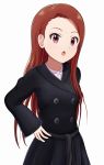  1girl :o black_coat brown_hair cowboy_shot dress_shirt hand_on_hip highres idolmaster idolmaster_(classic) long_hair long_sleeves minase_iori red_eyes runmo77 shiny shiny_hair shirt simple_background solo standing straight_hair very_long_hair white_background 