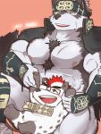  2019 3:4 5_fingers accessory anthro black_fur canid canine canis chest_fur duo eyewear fingers fur glasses hair headband horkeukamui hyaenid male mammal muscular muscular_male nipples open_jacket open_mouth open_smile pecs playing red_eyes red_hair size_difference smile text tokyo_afterschool_summoners umyuta video_games white_fur wolf yellow_eyes 