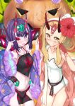  2girls absurdres bangs bare_shoulders blonde_hair blush borumete breasts chinese_clothes collarbone detached_sleeves dudou earrings eyeliner facial_mark fang fang_out fate/grand_order fate_(series) fingernails flower forehead_mark fundoshi hair_flower hair_ornament hairband headpiece heart hibiscus highres horns ibaraki_douji_(fate/grand_order) ibaraki_douji_(swimsuit_lancer)_(fate) jack-o&#039;-lantern japanese_clothes jewelry long_hair looking_at_viewer low_twintails makeup multiple_girls navel one-piece_swimsuit one_eye_closed oni oni_horns open_mouth pointy_ears purple_eyes purple_hair rope sharp_fingernails shawl short_eyebrows short_hair short_twintails shuten_douji_(fate/grand_order) shuten_douji_(halloween_caster)_(fate) small_breasts smile swimsuit tattoo thighs tongue tongue_out twintails very_long_hair white_swimsuit yellow_eyes 