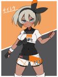  1girl :&lt; blue_eyes blush bow character_name clenched_hands commentary_request covered_navel cowboy_shot dark_skin gloves grey_background grey_hair hair_bow haniwagi_(hal) knee_pads leotard_under_clothes looking_at_viewer orange_background partly_fingerless_gloves pokemon pokemon_(game) pokemon_swsh saitou_(pokemon) shirt single_glove solo sportswear tied_shirt two-tone_background wristband 