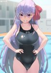  1girl bangs bare_shoulders bb_(fate)_(all) bb_(fate/extra_ccc) black_swimsuit blurry blurry_background blush breasts collarbone fate_(series) grin hair_between_eyes hair_ribbon hands_on_hips highres jonsun large_breasts long_hair looking_at_viewer one-piece_swimsuit pool purple_eyes purple_hair red_ribbon ribbon smile solo swimsuit very_long_hair 