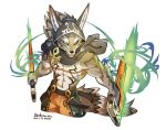 abs anthro badge beam_sword black_sclera bottomwear canid canine canis clothing dual_wielding green_eyes hi_res holding_object holding_weapon hood jackal mammal pants seth_(tas) solo tokyo_afterschool_summoners video_games weapon wolfmalro 