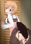  1girl against_wall ass bestiality black_legwear blue_eyes blush breasts brown_hair bug clothed_sex cockroach eyebrows_visible_through_hair gochuumon_wa_usagi_desu_ka? hair_ornament hairclip hoto_cocoa imminent_sex insect large_breasts looking_back mingaru open_mouth panties pantyhose pink_panties pussy rabbit_house_uniform shiny shiny_hair short_hair sweat tongue torn_clothes torn_legwear underwear 