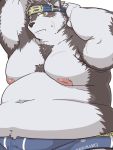  3:4 accessory anthro arm_above_head belly blush bodily_fluids canid canine canis chest_fur clothing headband horkeukamui inverted_nipples male mammal moobs navel nipples obese obese_male one_eye_closed overweight overweight_male pink_nipples scar simple_background solo sweat tokyo_afterschool_summoners umyuta underwear video_games wolf 