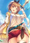  1girl :d atelier_(series) atelier_ryza belt blouse brown_eyes brown_hair cloud cowboy_shot flask highres holding holding_staff hyui_cf2 looking_at_viewer open_mouth outdoors red_shorts reisalin_stout short_hair short_shorts shorts sky smile solo staff standing thighhighs white_blouse white_headwear 