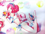  1girl :d anklet barefoot bikini blue_bikini blue_flower blue_nails blue_ribbon breasts drinking_straw flower full_body hair_flower hair_ornament hair_ribbon head_wreath highres jewelry large_breasts long_hair looking_at_viewer lying macross macross_delta makina_nakajima medium_breasts nail_polish on_stomach open_mouth red_eyes red_hair red_scrunchie ribbon ring scrunchie shimatani_azu shiny shiny_hair side-tie_bikini sideboob smile soles swimsuit the_pose thigh_strap toenail_polish twintails wrist_scrunchie yellow_ribbon 