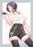  1girl black_bra black_hair bra bra_through_clothes breasts eyebrows_visible_through_hair fingerless_gloves gloves hayami_kanade idolmaster idolmaster_cinderella_girls jjune large_breasts off_shoulder see-through shirt short_hair shorts signature skindentation solo thighhighs underwear white_shirt yellow_eyes 