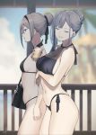  2girls ak-12_(girls_frontline) an-94_(girls_frontline) arm_under_breasts bag bangs bikini black_bikini black_nails blue_eyes blue_nails blue_sky blush braid breasts bubble_tea cleavage closed_eyes closed_mouth cloud cowboy_shot cup day disposable_cup drink drinking_straw eyebrows_visible_through_hair facing_viewer girls_frontline hair_bun hair_ribbon hairband hayabusa holding long_hair multiple_girls navel parted_lips railing ribbon shoulder_bag sidelocks signature silver_hair sky small_breasts stomach swimsuit tea 