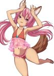  1girl absurdres animal_ear_fluff animal_ears armpits arms_up bangs bare_arms bare_shoulders bikini brown_footwear collarbone commentary_request elin_(tera) flat_chest hair_between_eyes heart highres long_hair multicolored multicolored_polka_dots navel nyama parted_lips pink_hair polka_dot polka_dot_bikini purple_eyes red_bikini sandals see-through simple_background solo standing standing_on_one_leg swimsuit tail tail_raised tera_online twintails v-shaped_eyebrows very_long_hair white_background 