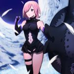  1girl 2018 armored_leotard black_legwear black_leotard day elbow_gloves fate/grand_order fate_(series) gloves hair_over_one_eye highres kosumi leotard mash_kyrielight midriff navel navel_cutout outdoors parted_lips pink_hair purple_eyes shield short_hair signature solo standing stomach thigh_strap thighhighs white_feathers 