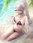  1girl arm_support azur_lane bare_legs bare_shoulders beach bikini black_choker black_hair braid breasts butterfly_hair_ornament choker cleavage closed_mouth collarbone commentary_request day dunkerque_(azur_lane) dunkerque_(summer_sucre)_(azur_lane) front-tie_bikini front-tie_top gradient_hair hair_ornament headdress highres kinokorec large_breasts long_hair looking_down multicolored_hair navel outdoors pinky_out ponytail purple_bikini red_eyes sheer_clothes sidelocks silver_hair sitting solo stomach strap_pull swimsuit thighs very_long_hair water wet yokozuwari 