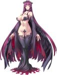  1girl absurdres areolae black_legwear black_wings breasts choker feathered_wings forehead_jewel full_body highres hikage_eiji horns kuroinu_2 large_breasts long_hair looking_at_viewer maebari nail_polish navel official_art pointy_ears purple_hair radomira solo standing thighhighs transparent_background very_long_hair wings yellow_eyes 