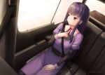  1girl black_hair brown_eyes car_interior collarbone dated dress hand_up high_score_girl jewelry long_hair long_sleeves looking_out_window miyai_sen necklace oono_akira purple_dress seatbelt sidelocks sitting solo window wrist_cuffs 