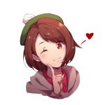  1girl blush brown_eyes brown_hair commentary_request face female_protagonist_(pokemon_swsh) green_headwear hat heart jacket long_sleeves looking_at_viewer medium_hair one_eye_closed pokemon simple_background smile white_background yumuto_(spring1786) 
