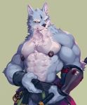  2019 abs anthro arm_guards canid canine canis clothing eyebrows law_(sdorica_sunset) male mammal muscular muscular_male neilos0526 nipple_piercing nipple_ring nipples piercing sdorica_sunset solo wolf yellow_sclera 