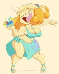  2019 3_toes 4_fingers animal_crossing anthro belly beverage big_breasts big_butt biped bodily_fluids breasts butt canid canine canis clothed clothing digital_media_(artwork) domestic_dog drooling drunk eyes_closed female fingers front_view fur hair hi_res isabelle_(animal_crossing) mammal navel nintendo open_mouth purple_yoshi_draws saliva shih_tzu short_stack simple_background slightly_chubby solo standing thick_thighs toes toy_dog video_games voluptuous wide_hips yellow_fur 